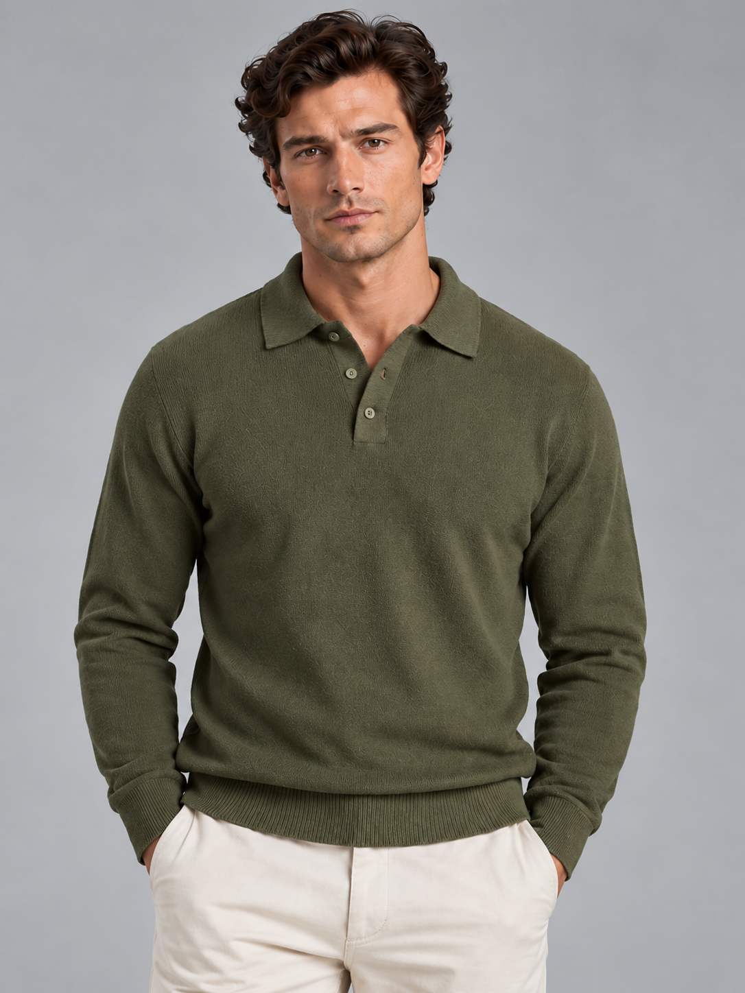 Benjamin | Men’s Polo Collar Jumper | Button Neck Long Sleeves Everyday Wear - olive green, image 05 - Glorysoul