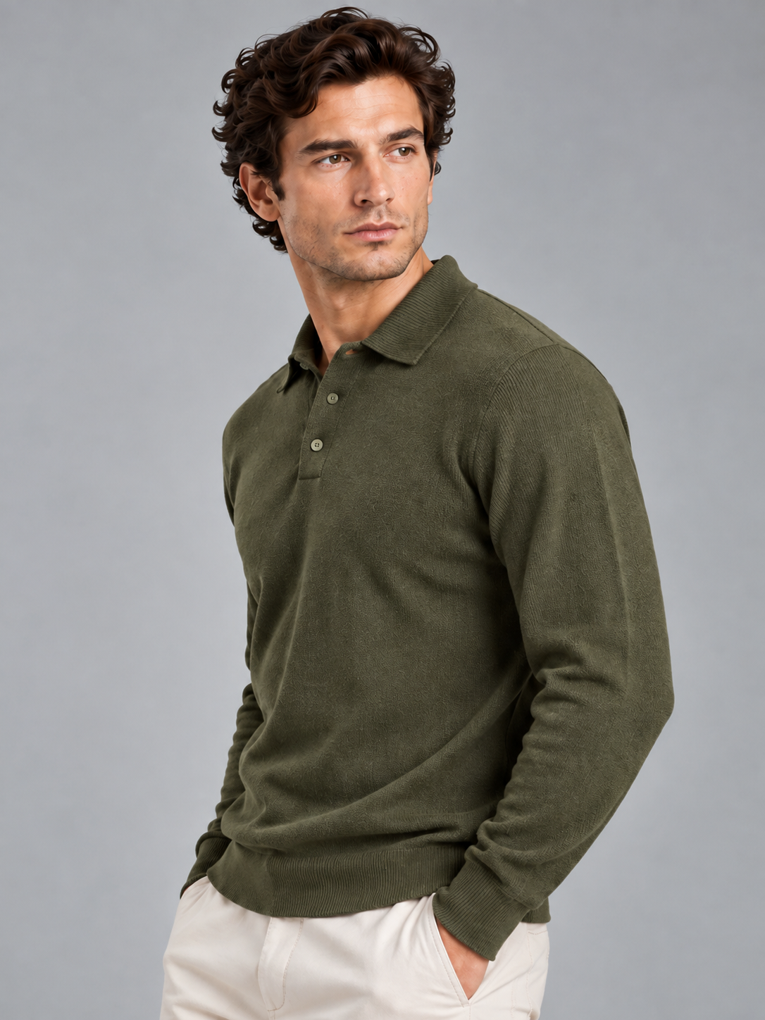Benjamin | Men’s Polo Collar Jumper | Button Neck Long Sleeves Everyday Wear - olive green, image 06 - Glorysoul