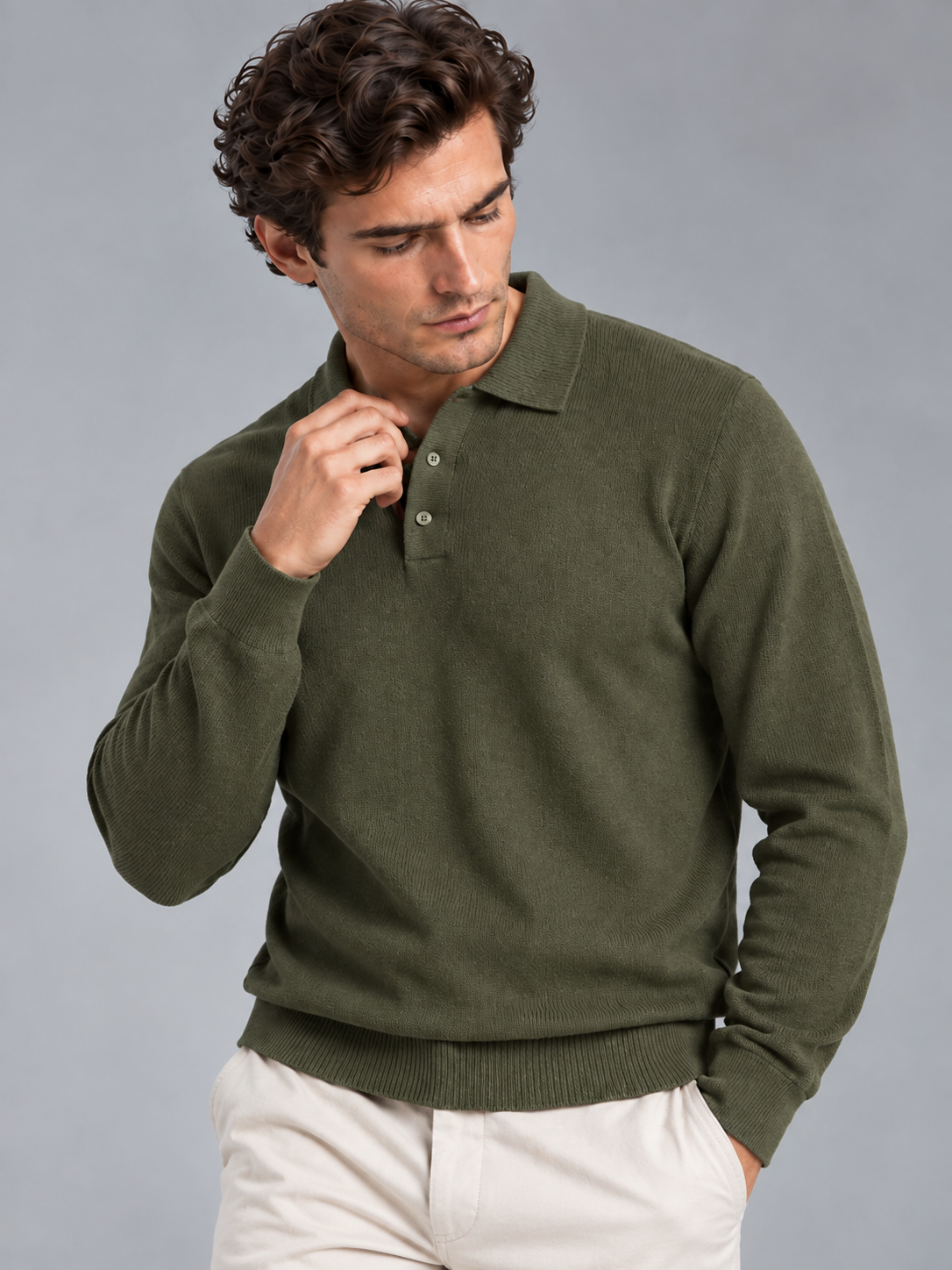 Benjamin | Men’s Polo Collar Jumper | Button Neck Long Sleeves Everyday Wear - olive green, image 07 - Glorysoul