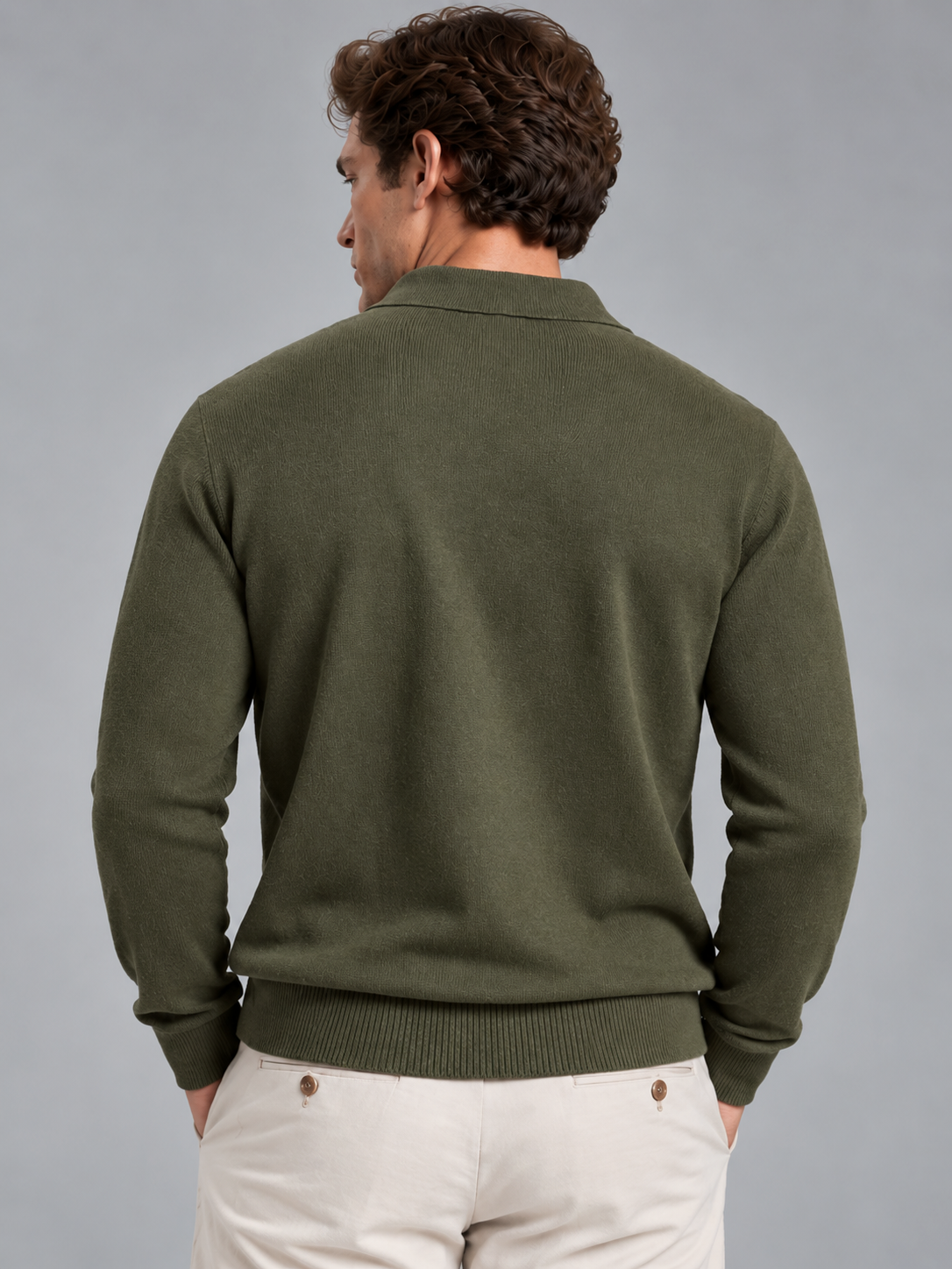 Benjamin | Men’s Polo Collar Jumper | Button Neck Long Sleeves Everyday Wear - olive green, image 08 - Glorysoul