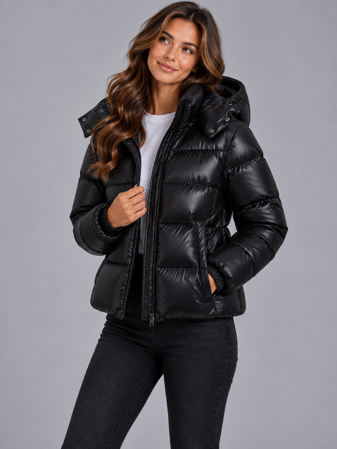 Charlotte | Women’s Hooded Puffer Jacket | Front Zip Horizontal Quilting Everyday Wear - black, image 04 - Glorysoul