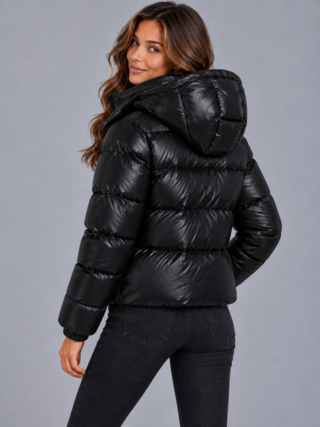 Charlotte | Women’s Hooded Puffer Jacket | Front Zip Horizontal Quilting Everyday Wear - black, image 05 - Glorysoul