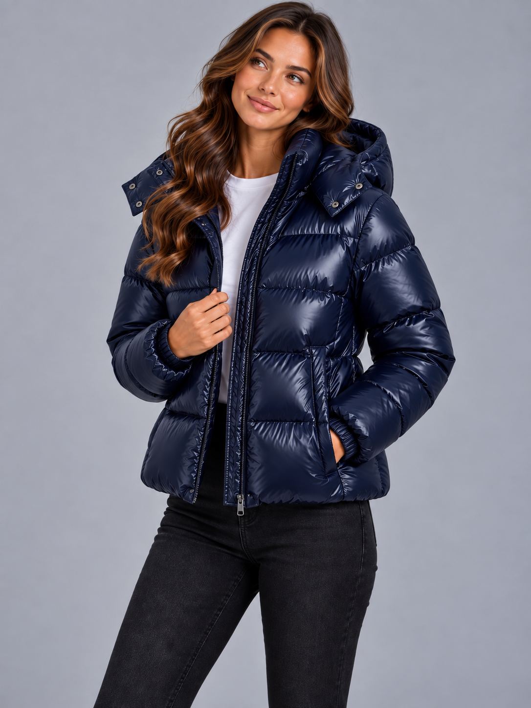 Charlotte | Women’s Hooded Puffer Jacket | Front Zip Horizontal Quilting Everyday Wear - navy, image 01 - Glorysoul