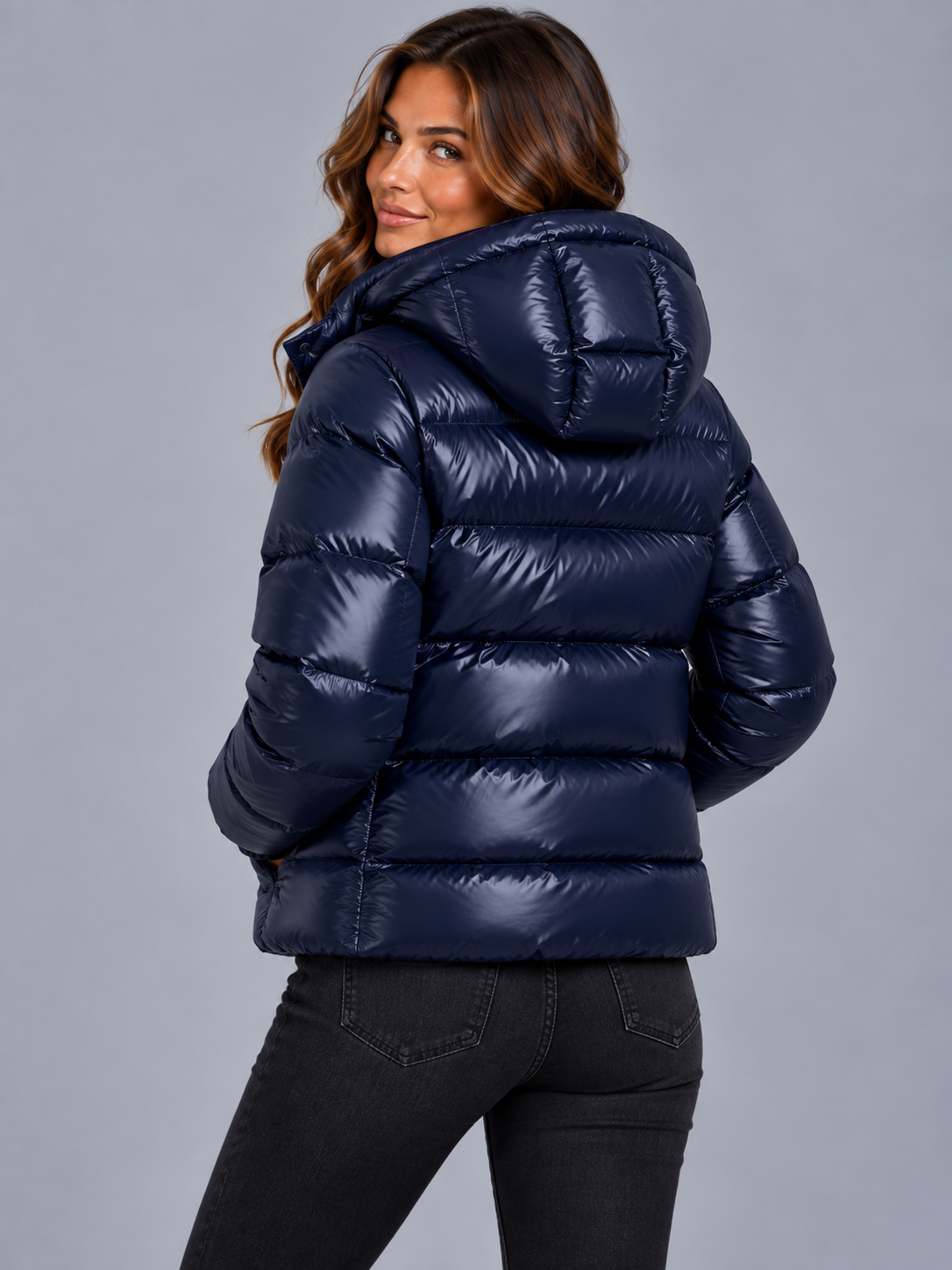 Charlotte | Women’s Hooded Puffer Jacket | Front Zip Horizontal Quilting Everyday Wear - navy, image 02 - Glorysoul