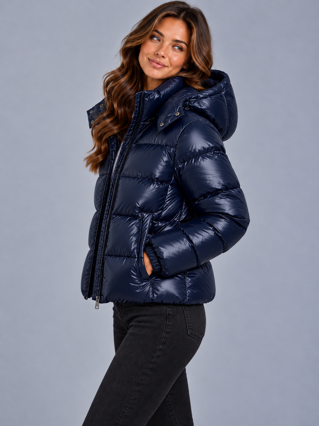 Charlotte | Women’s Hooded Puffer Jacket | Front Zip Horizontal Quilting Everyday Wear - navy, image 03 - Glorysoul