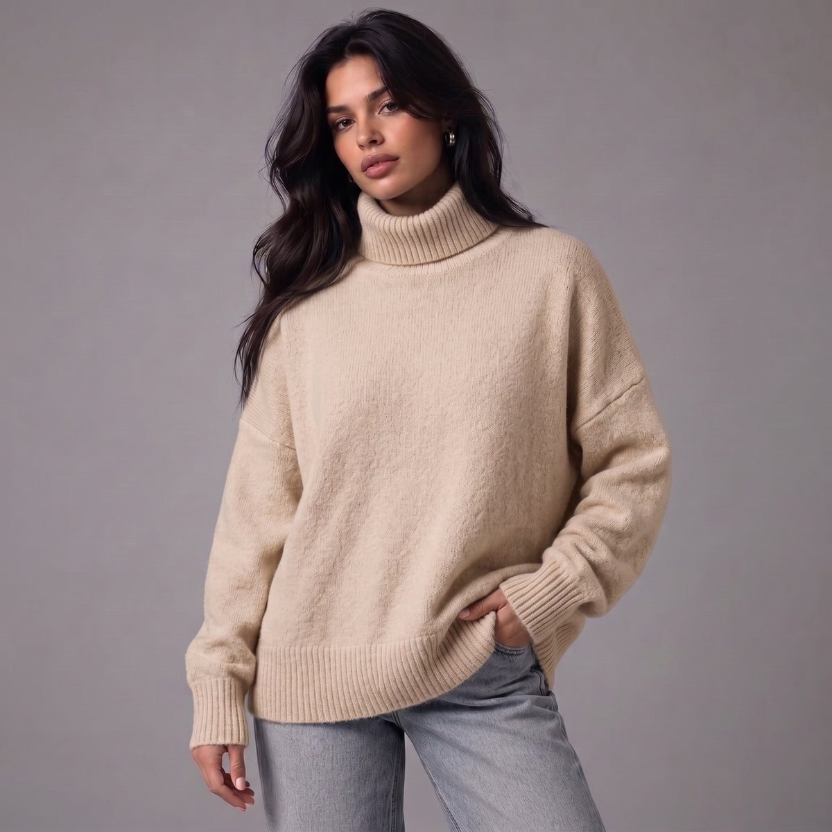 Chloe | Women’s Roll-Neck Jumper | Dropped Shoulders Ribbed Cuffs Everyday Wear - Beige - image 10 - Glorysoul