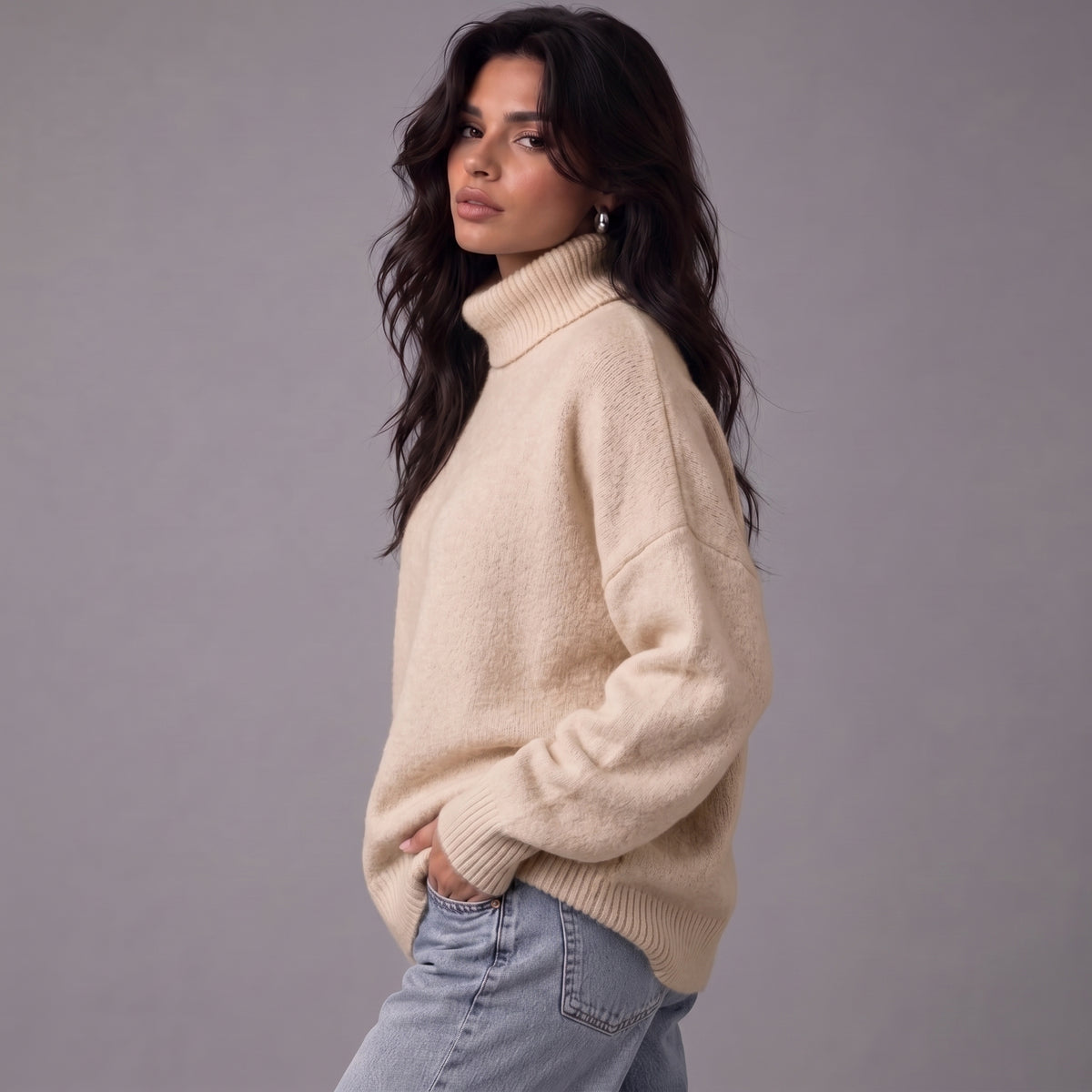 Chloe | Women’s Roll-Neck Jumper | Dropped Shoulders Ribbed Cuffs Everyday Wear - Beige - image 11 - Glorysoul