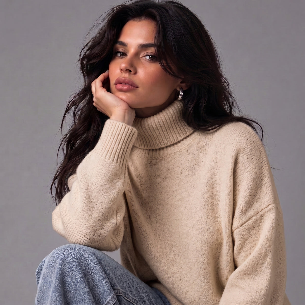 Chloe | Women’s Roll-Neck Jumper | Dropped Shoulders Ribbed Cuffs Everyday Wear - Beige - image 12 - Glorysoul