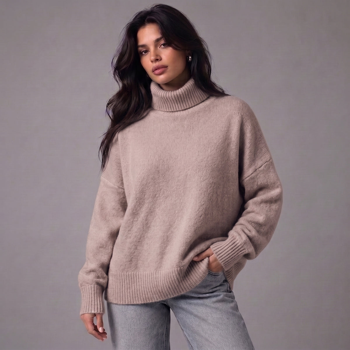 Chloe | Women’s Roll-Neck Jumper | Dropped Shoulders Ribbed Cuffs Everyday Wear - Light Grey - image 13 - Glorysoul