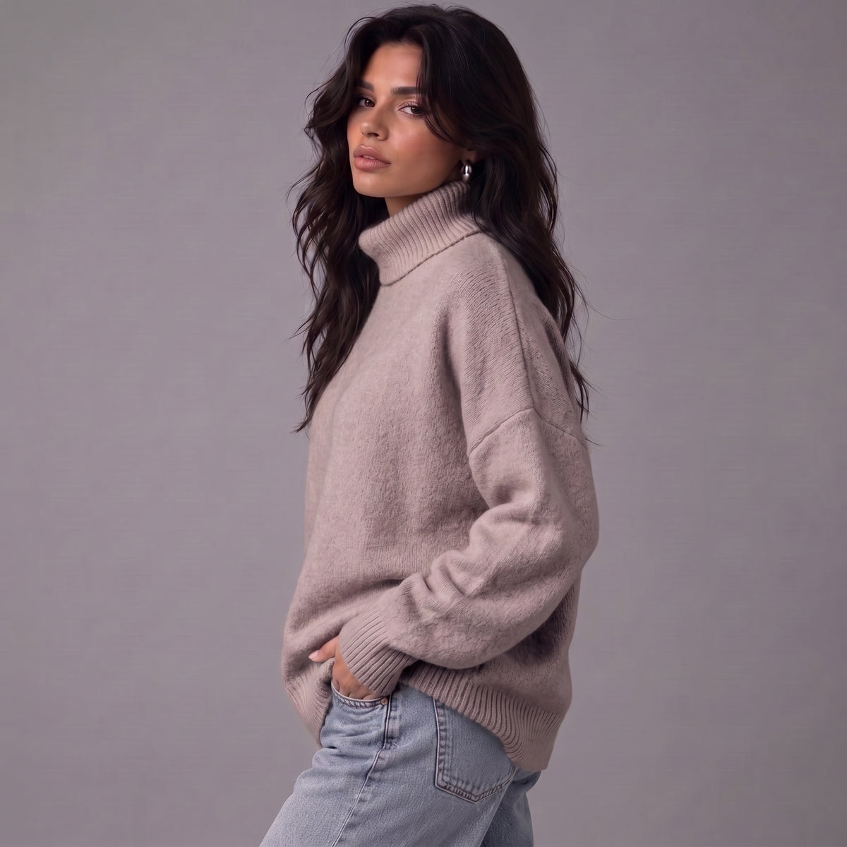 Chloe | Women’s Roll-Neck Jumper | Dropped Shoulders Ribbed Cuffs Everyday Wear - Light Grey - image 14 - Glorysoul