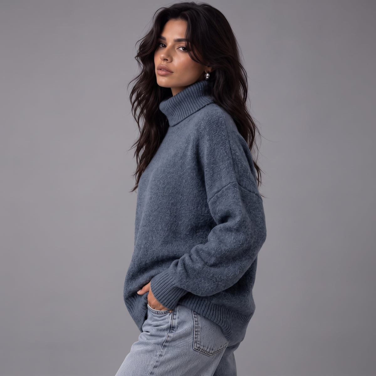 Chloe | Women’s Roll-Neck Jumper | Dropped Shoulders Ribbed Cuffs Everyday Wear - Navy - image 02 - Glorysoul