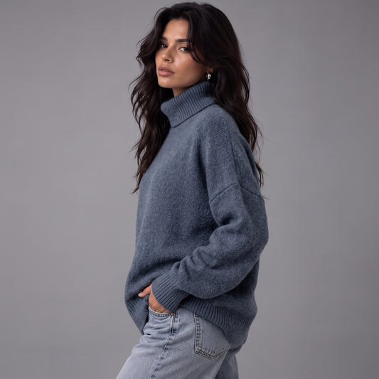 Chloe | Women’s Roll-Neck Jumper | Dropped Shoulders Ribbed Cuffs Everyday Wear - Navy - image 02 - Glorysoul