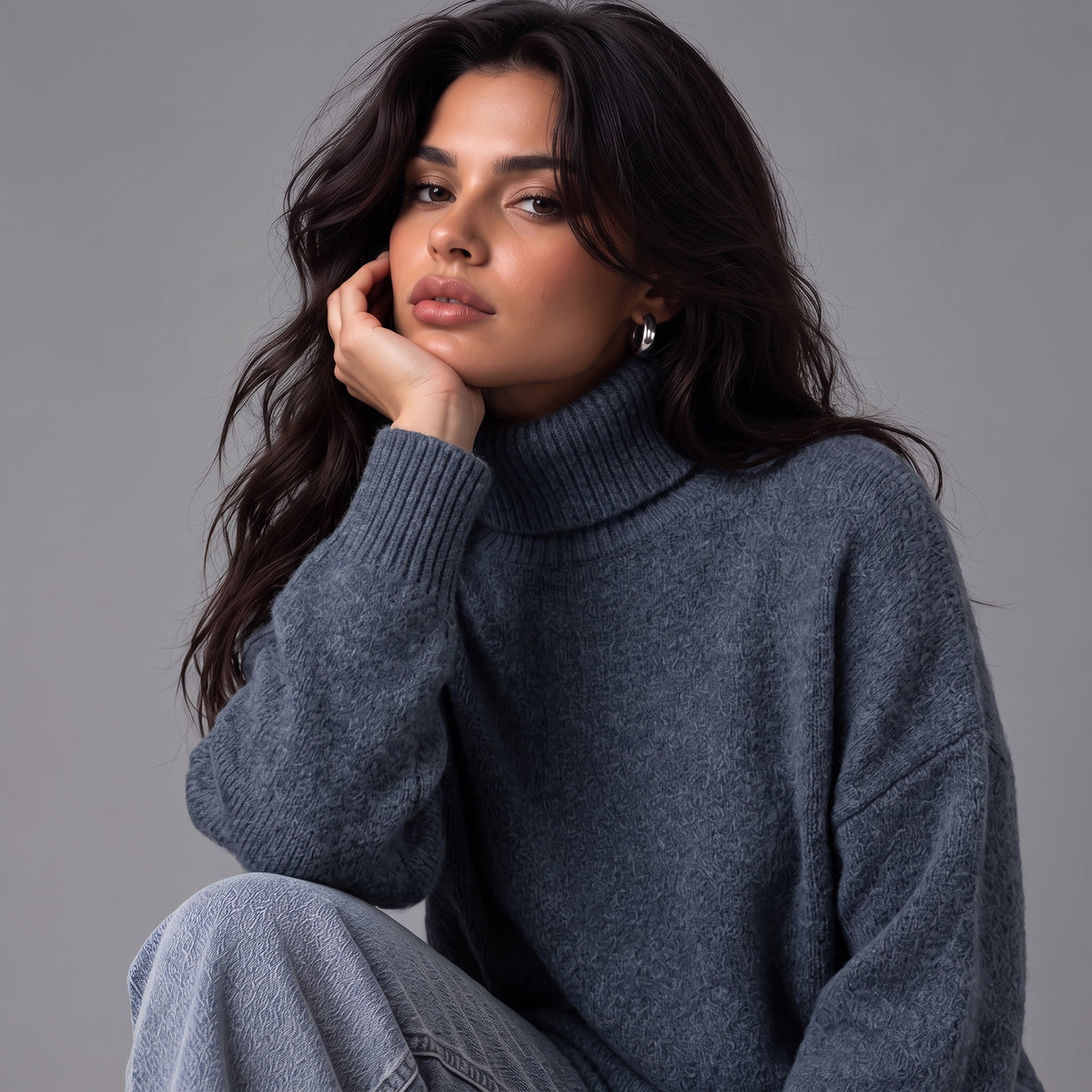 Chloe | Women’s Roll-Neck Jumper | Dropped Shoulders Ribbed Cuffs Everyday Wear - Navy - image 03 - Glorysoul