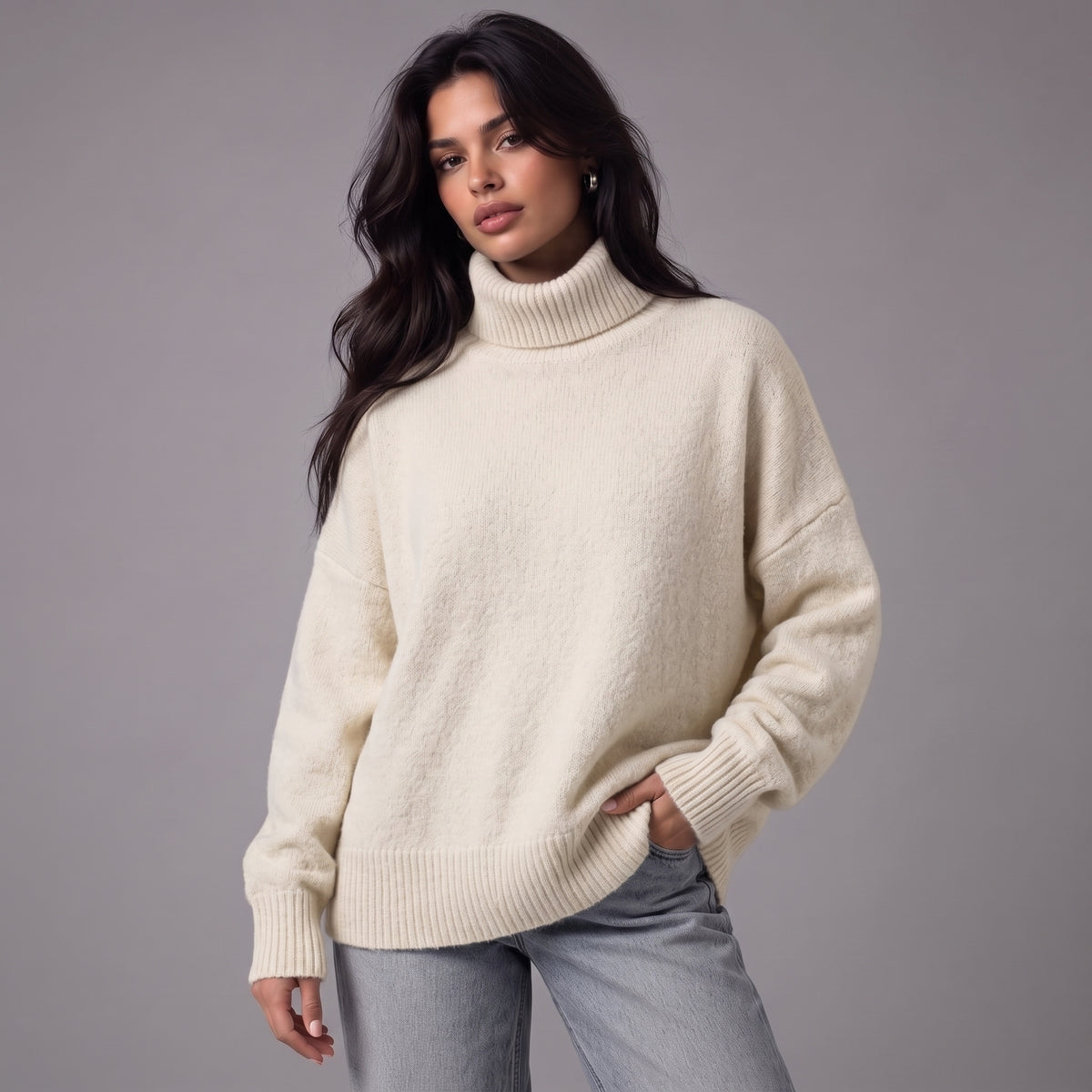 Chloe | Women’s Roll-Neck Jumper | Dropped Shoulders Ribbed Cuffs Everyday Wear - White - image 07 - Glorysoul