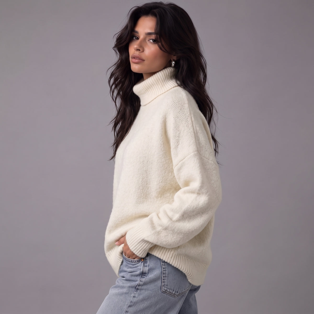Chloe | Women’s Roll-Neck Jumper | Dropped Shoulders Ribbed Cuffs Everyday Wear - White - image 08 - Glorysoul