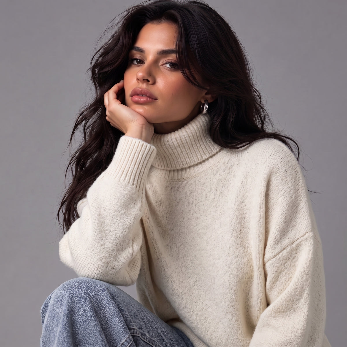 Chloe | Women’s Roll-Neck Jumper | Dropped Shoulders Ribbed Cuffs Everyday Wear - White - image 09 - Glorysoul