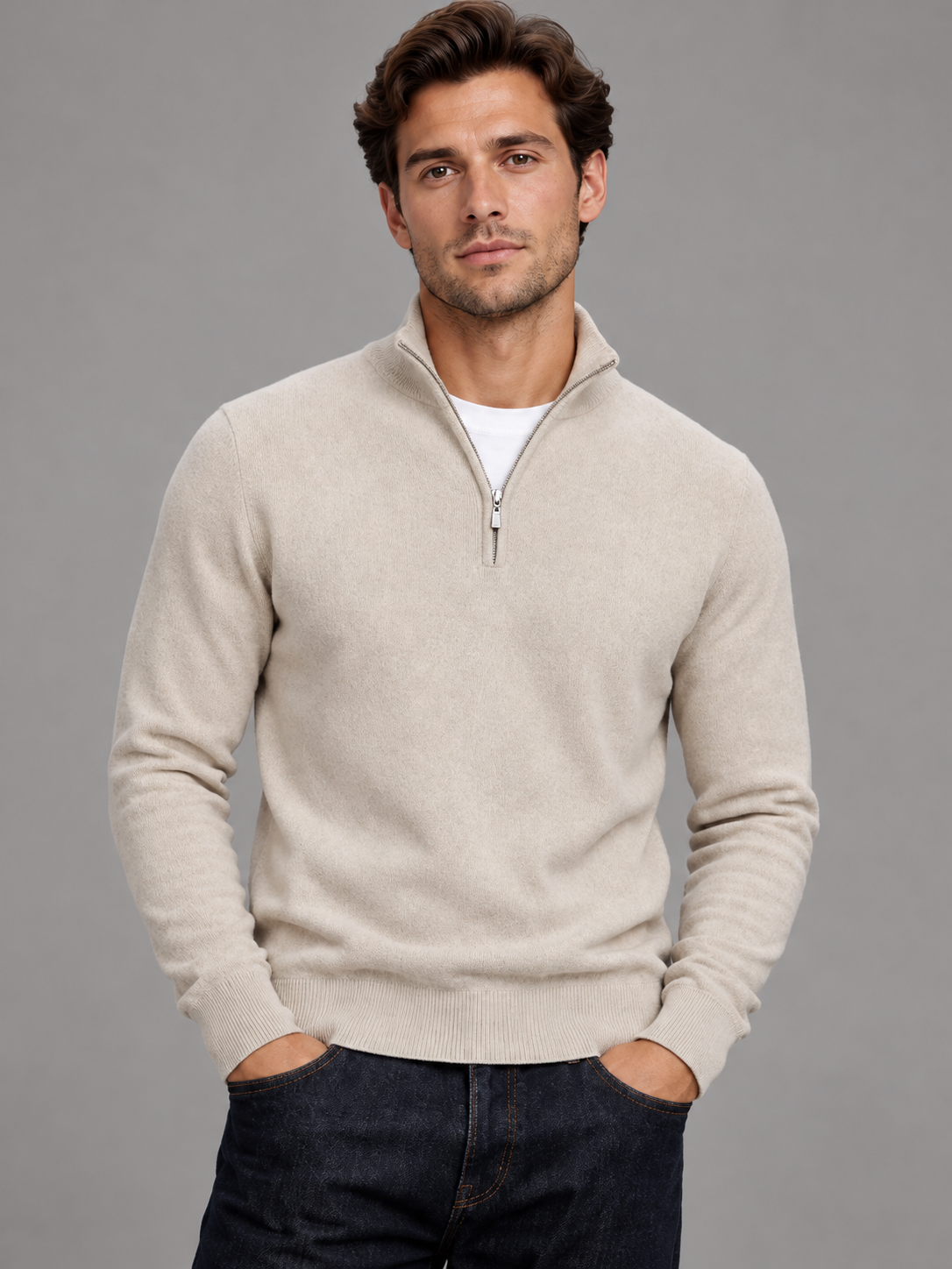 Edward | Men’s Quarter-Zip Jumper | Stand Collar Ribbed Hem Everyday Wear - beige, image 01 - Glorysoul