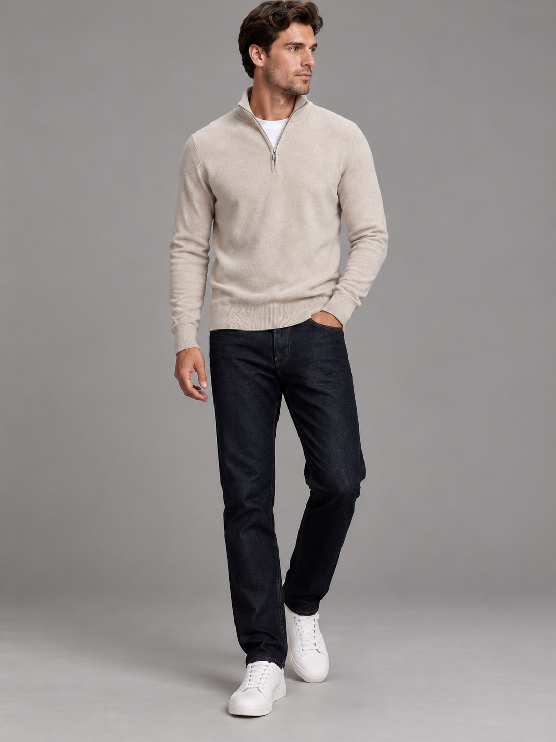Edward | Men’s Quarter-Zip Jumper | Stand Collar Ribbed Hem Everyday Wear - beige, image 02 - Glorysoul