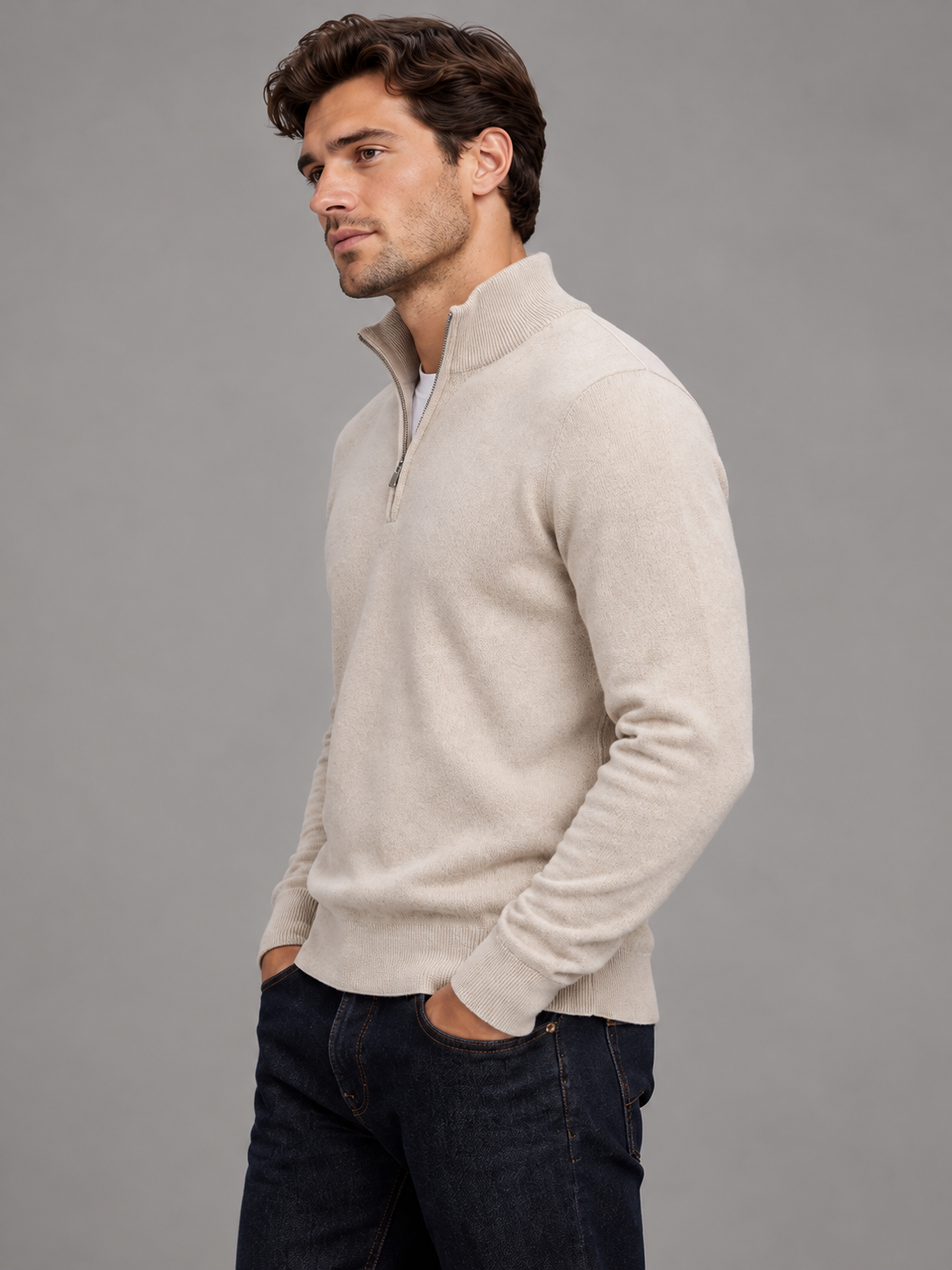 Edward | Men’s Quarter-Zip Jumper | Stand Collar Ribbed Hem Everyday Wear - beige, image 03 - Glorysoul