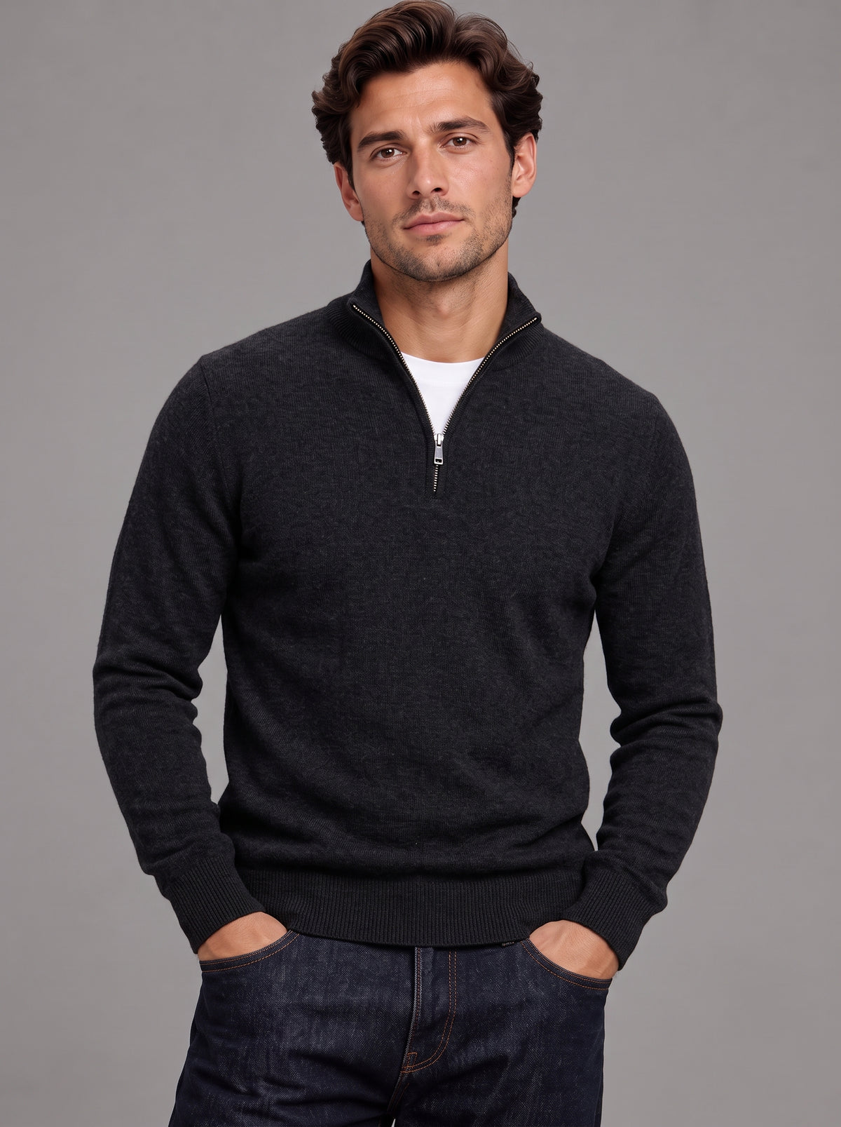 Edward | Men’s Quarter-Zip Jumper | Stand Collar Ribbed Hem Everyday Wear - black, image 21 - Glorysoul