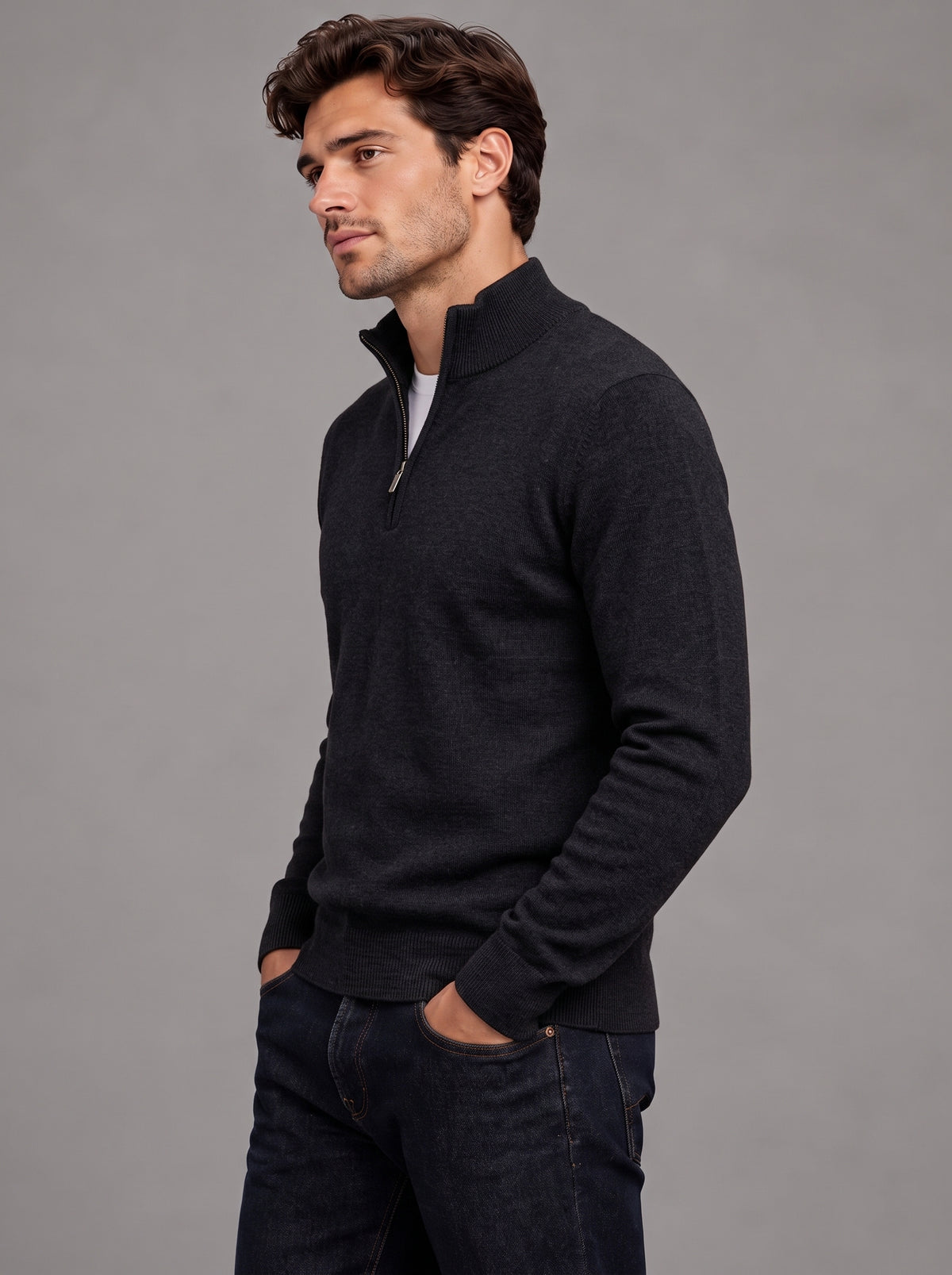 Edward | Men’s Quarter-Zip Jumper | Stand Collar Ribbed Hem Everyday Wear - black, image 22 - Glorysoul
