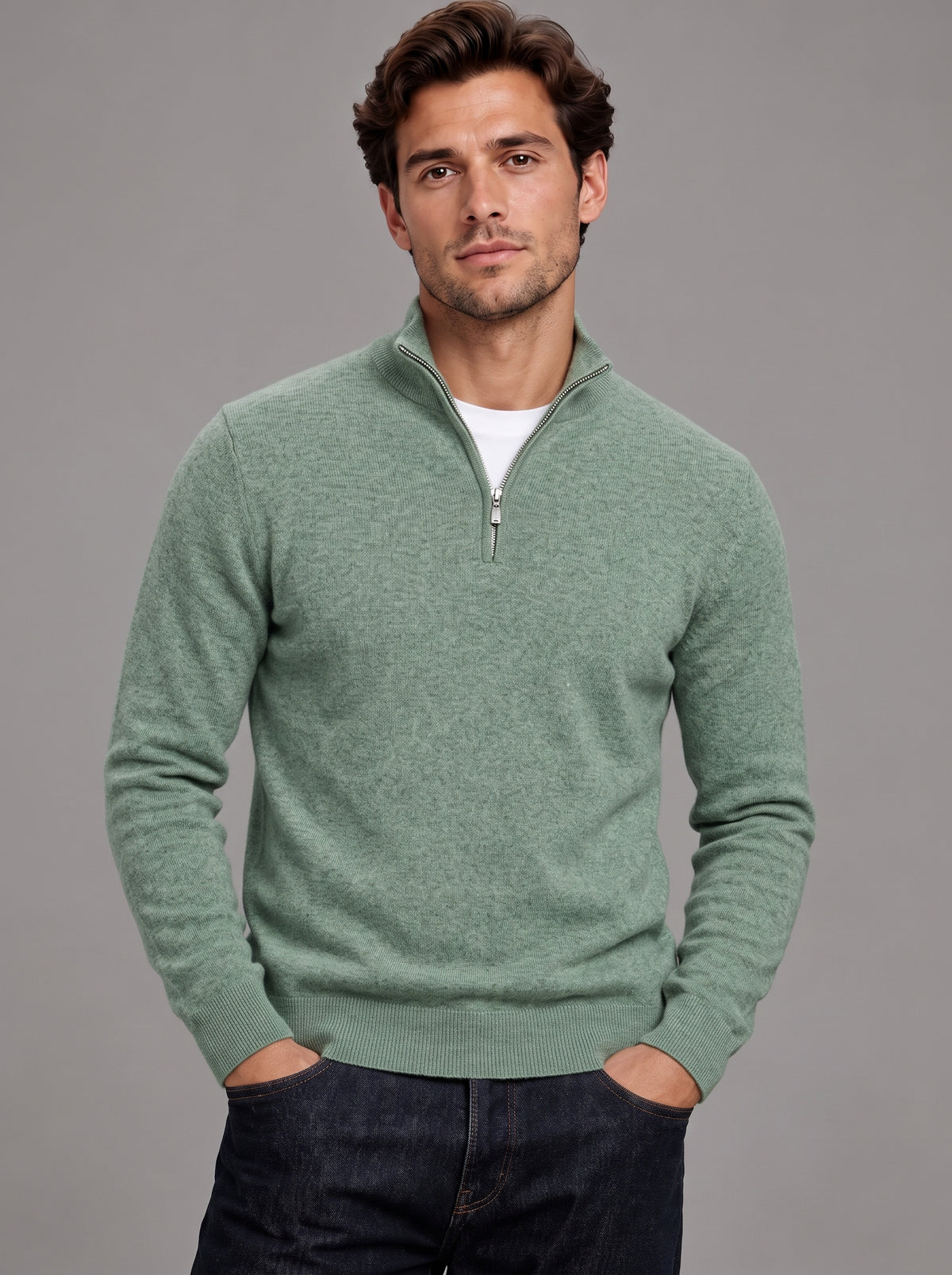 Edward | Men’s Quarter-Zip Jumper | Stand Collar Ribbed Hem Everyday Wear - forest green, image 05 - Glorysoul
