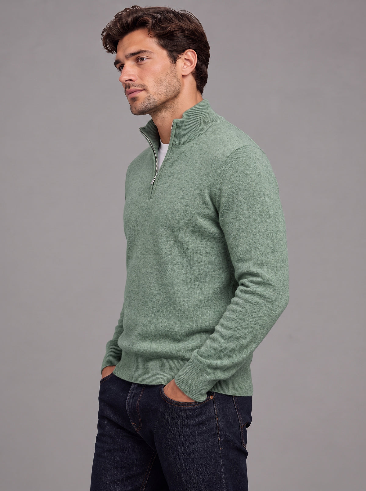 Edward | Men’s Quarter-Zip Jumper | Stand Collar Ribbed Hem Everyday Wear - forest green, image 06 - Glorysoul