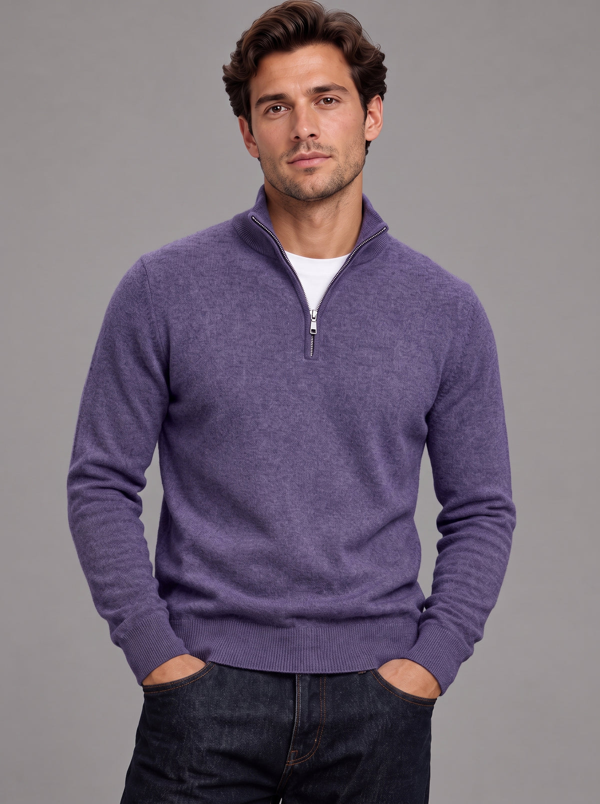Edward | Men’s Quarter-Zip Jumper | Stand Collar Ribbed Hem Everyday Wear - lilac, image 17 - Glorysoul