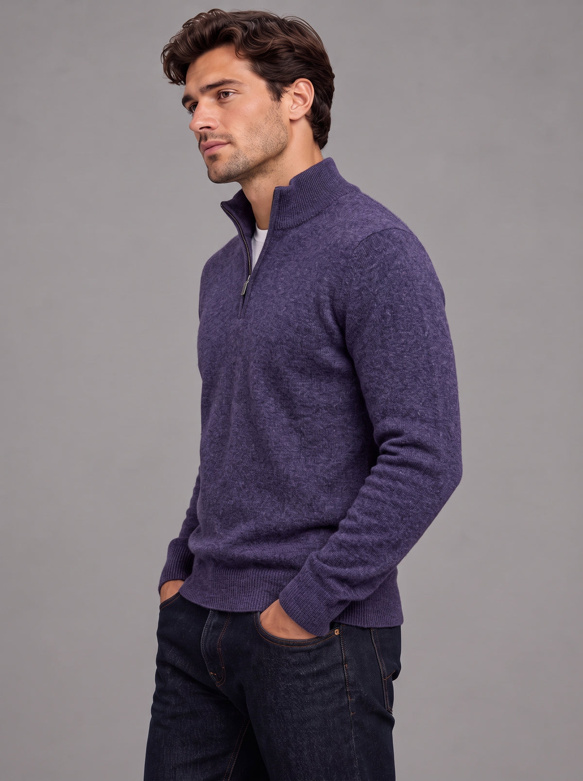 Edward | Men’s Quarter-Zip Jumper | Stand Collar Ribbed Hem Everyday Wear - lilac, image 18 - Glorysoul