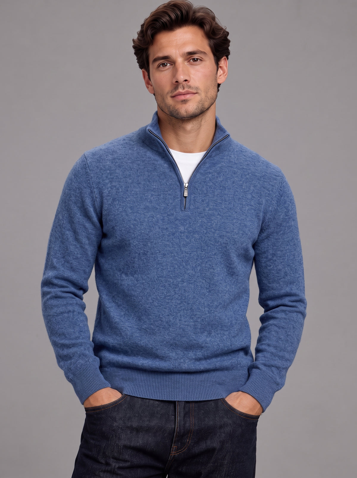 Edward | Men’s Quarter-Zip Jumper | Stand Collar Ribbed Hem Everyday Wear - navy blue, image 13 - Glorysoul