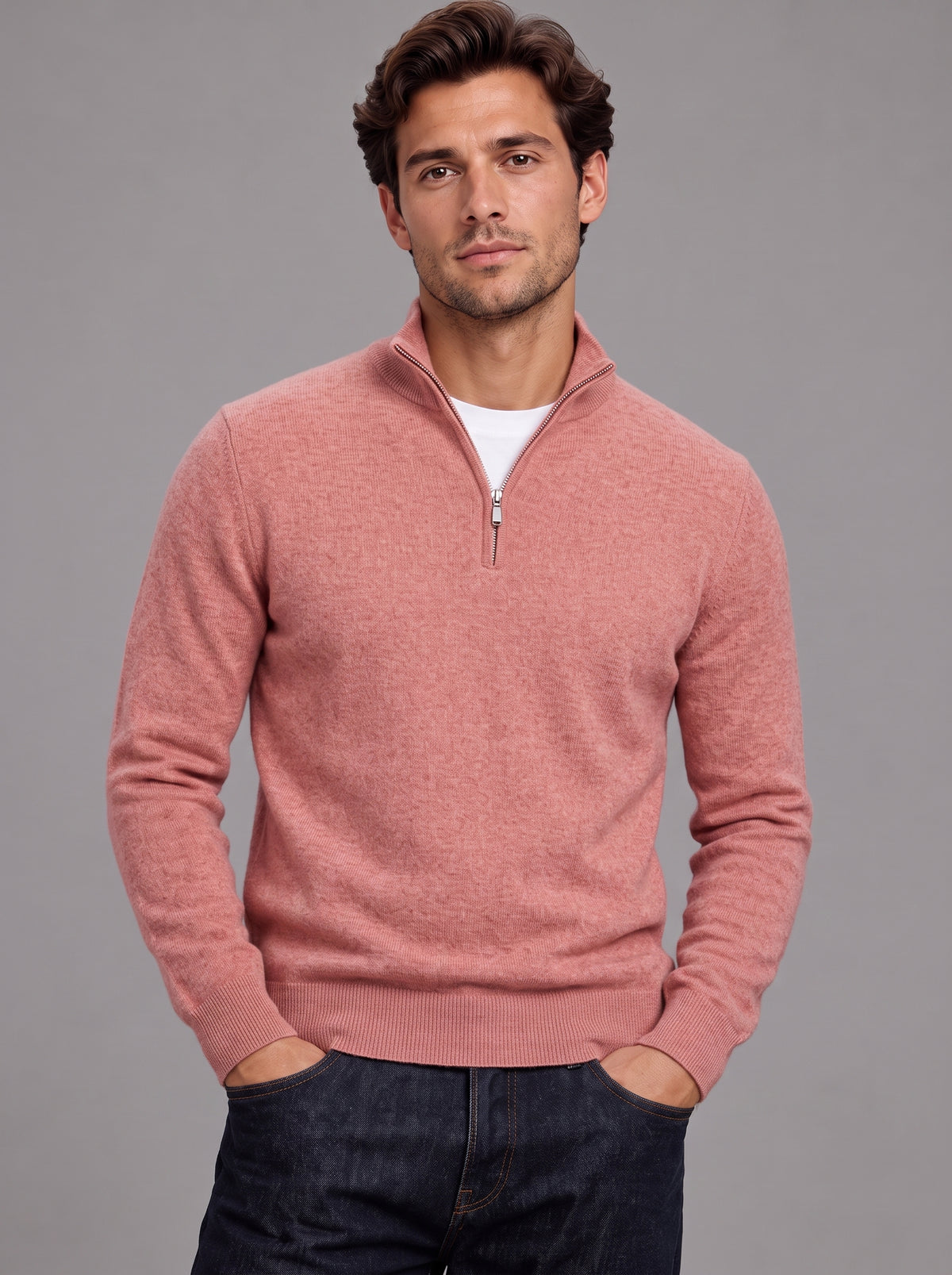 Edward | Men’s Quarter-Zip Jumper | Stand Collar Ribbed Hem Everyday Wear - rose pink, image 09 - Glorysoul