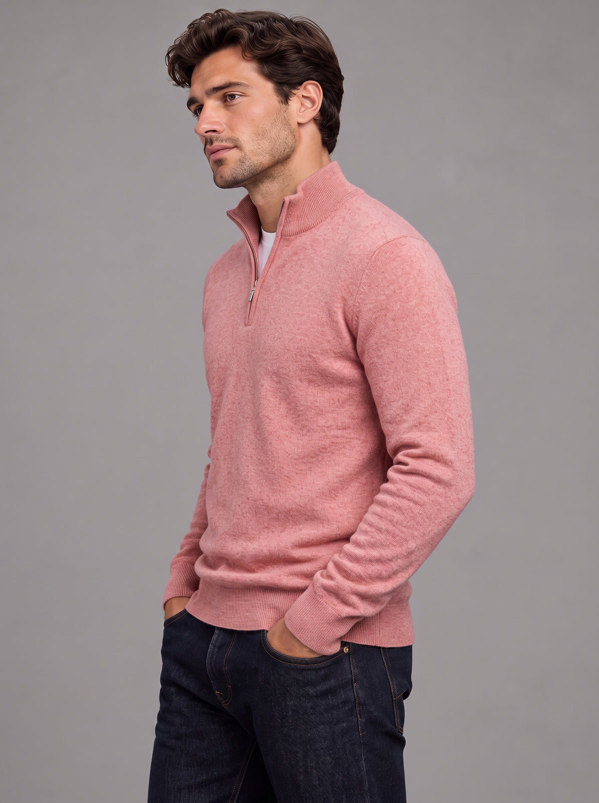 Edward | Men’s Quarter-Zip Jumper | Stand Collar Ribbed Hem Everyday Wear - rose pink, image 10 - Glorysoul
