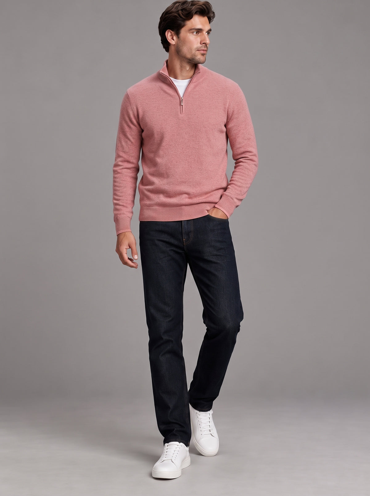 Edward | Men’s Quarter-Zip Jumper | Stand Collar Ribbed Hem Everyday Wear - rose pink, image 12 - Glorysoul