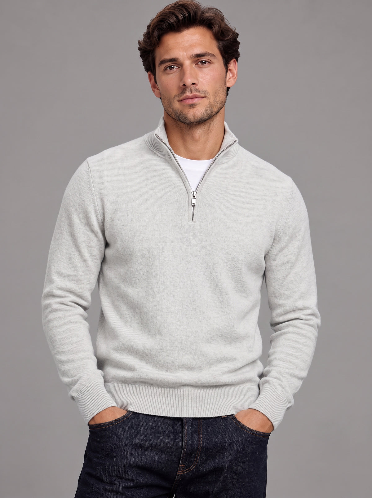 Edward | Men’s Quarter-Zip Jumper | Stand Collar Ribbed Hem Everyday Wear - white, image 25 - Glorysoul