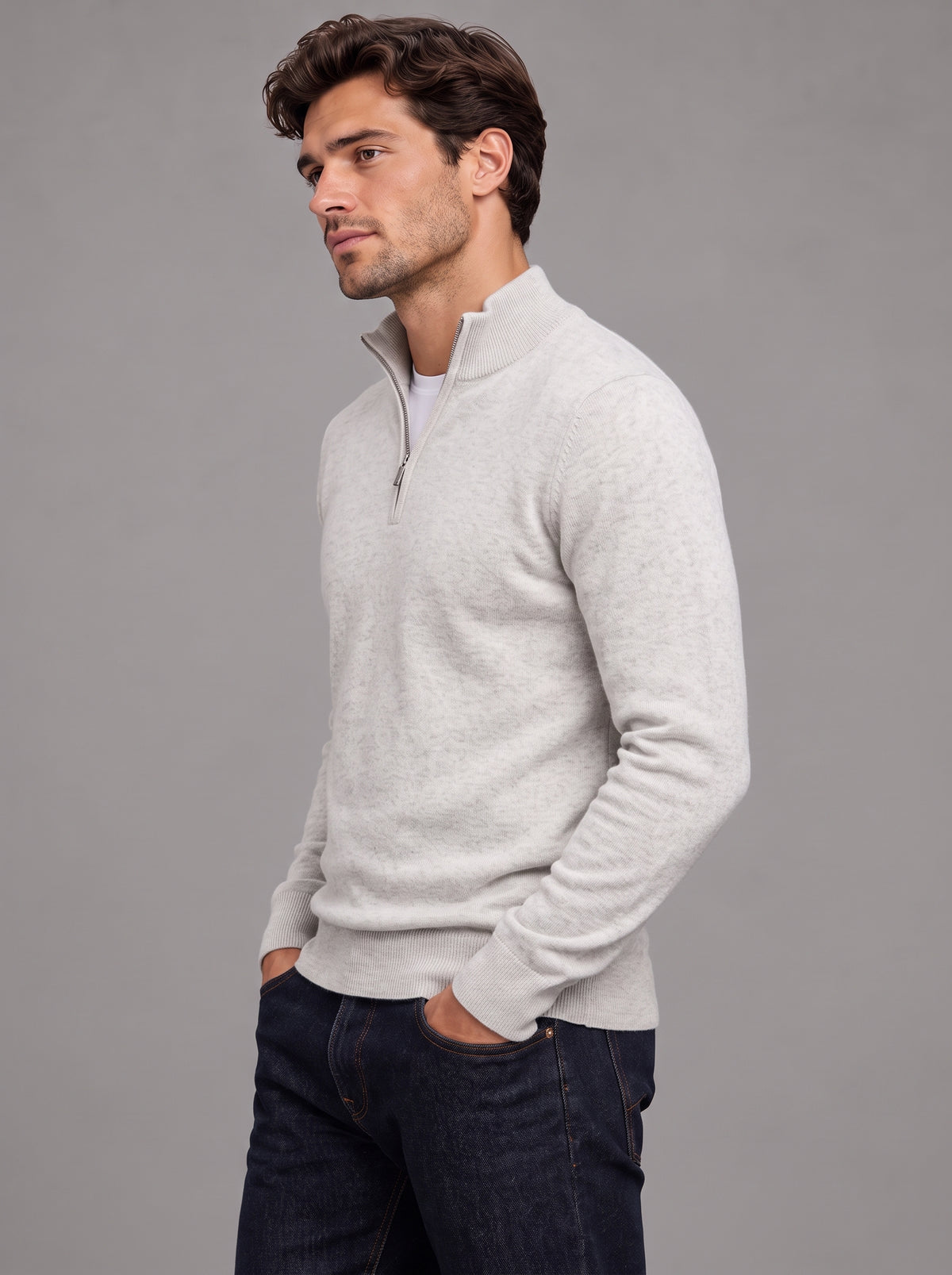 Edward | Men’s Quarter-Zip Jumper | Stand Collar Ribbed Hem Everyday Wear - white, image 27 - Glorysoul