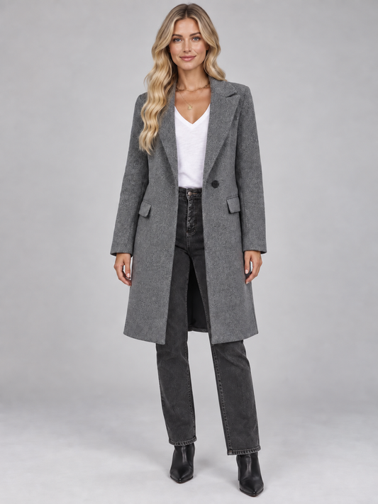 Eleanor | Women’s Longline Overcoat | Notched Lapels Flap Pockets Everyday Wear - dark grey, image 01 - Glorysoul