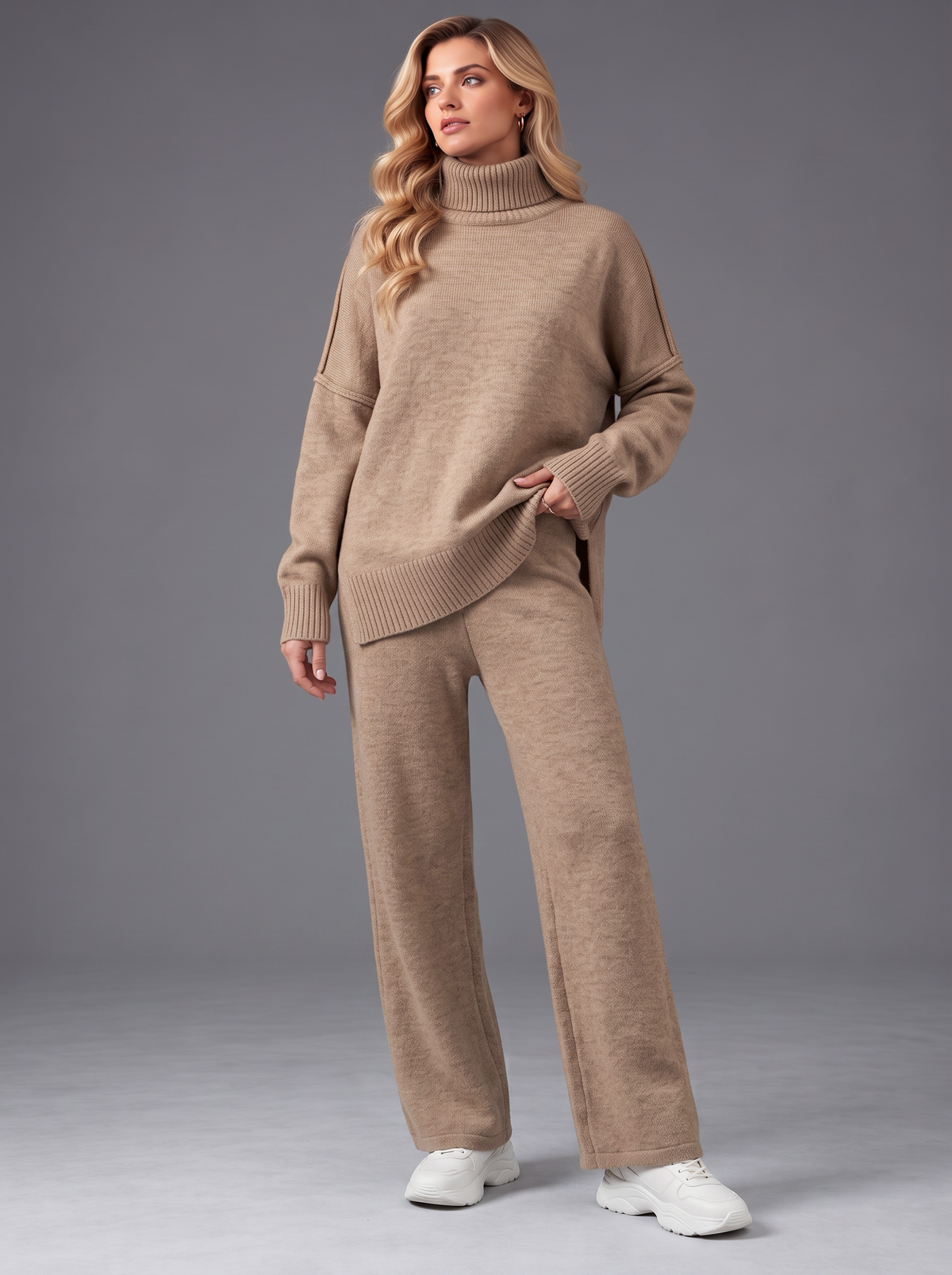 Emily | Women’s Roll-Neck Trouser Set | High Neck Top Wide-Leg Trousers Everyday Wear - beige, image 01 - Glorysoul