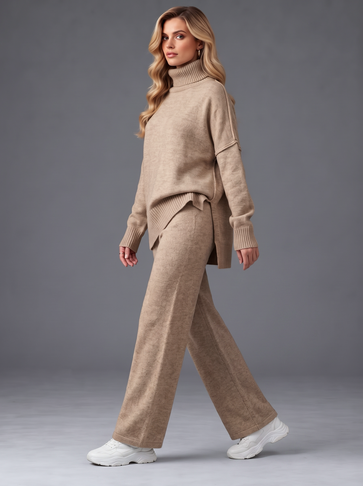 Emily | Women’s Roll-Neck Trouser Set | High Neck Top Wide-Leg Trousers Everyday Wear - beige, image 02 - Glorysoul