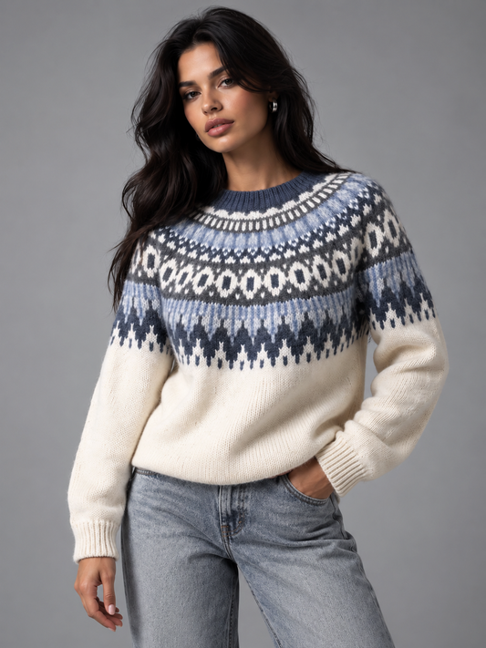 Florence | Women’s Fair Isle Jumper | Crew Neck Patterned Yoke Everyday Wear - blue, front view, image 01 - Glorysoul