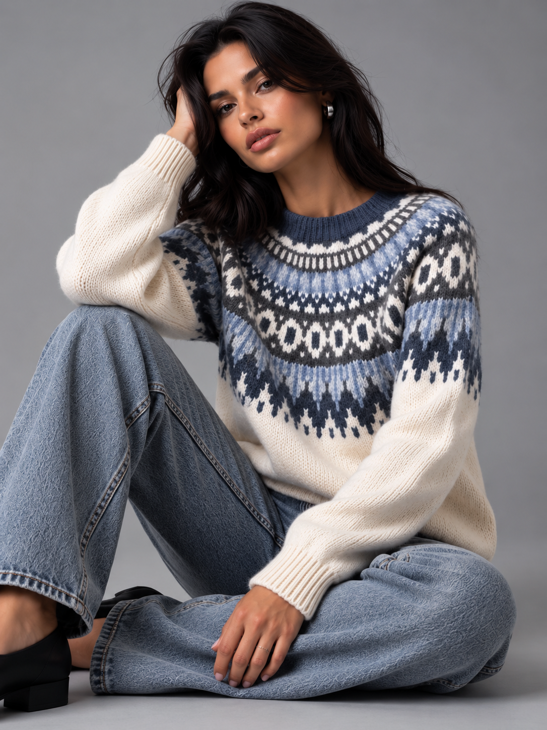 Florence | Women’s Fair Isle Jumper | Crew Neck Patterned Yoke Everyday Wear - blue, seated view, image 04 - Glorysoul