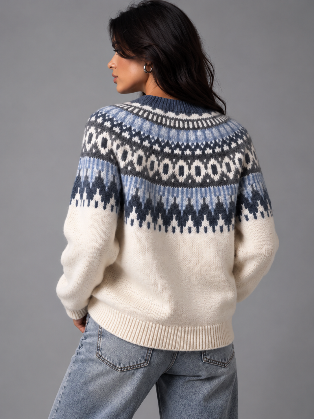 Florence | Women’s Fair Isle Jumper | Crew Neck Patterned Yoke Everyday Wear - blue, back view, image 05 - Glorysoul