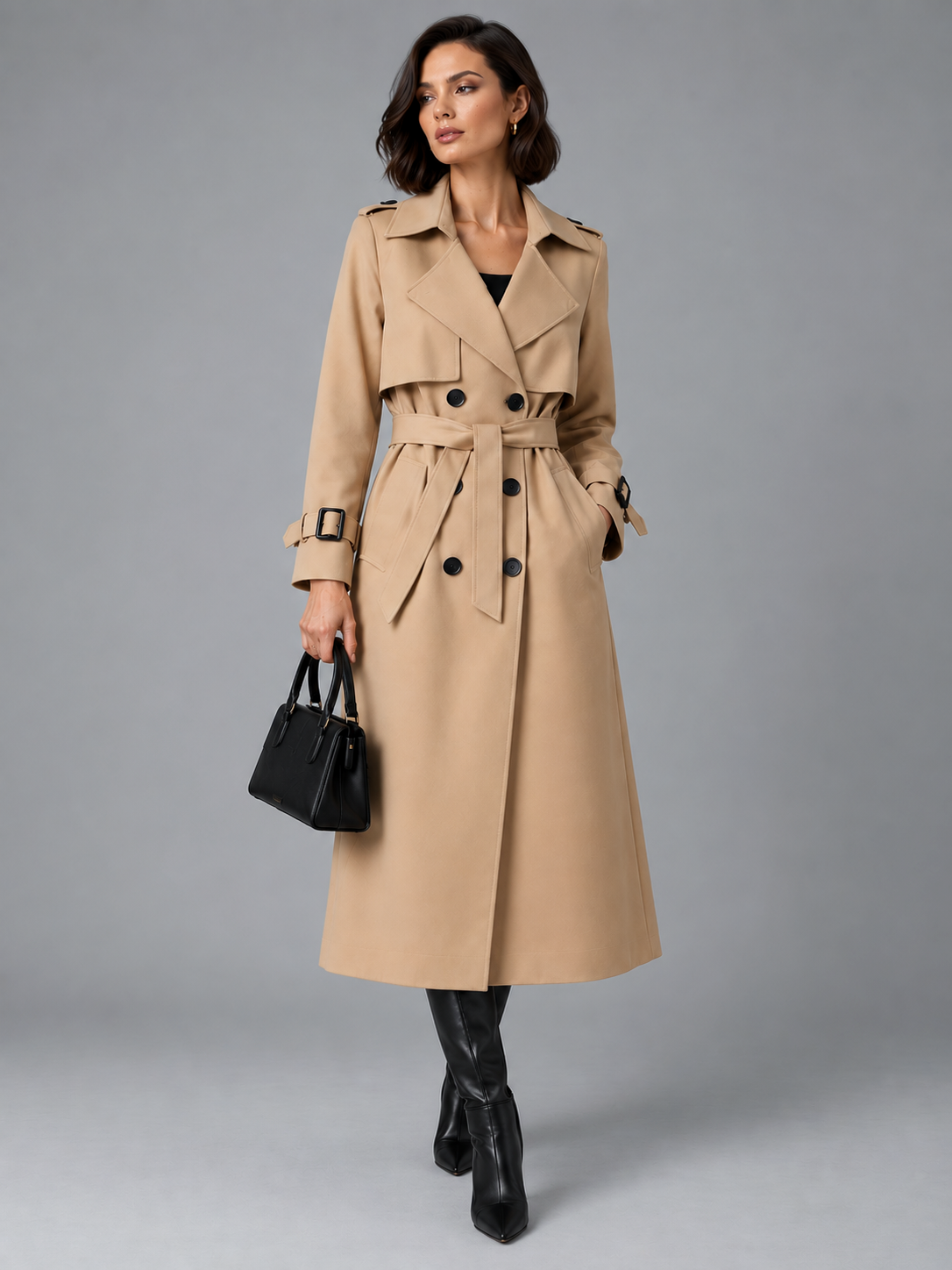 Freya | Women’s Double-Breasted Trench Coat | Waist Belt Cuff Straps Everyday Wear - beige, image 01 - Glorysoul