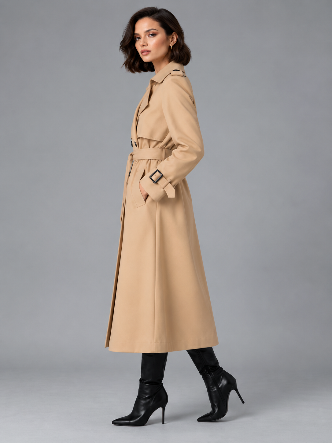 Freya | Women’s Double-Breasted Trench Coat | Waist Belt Cuff Straps Everyday Wear - beige, image 02 - Glorysoul