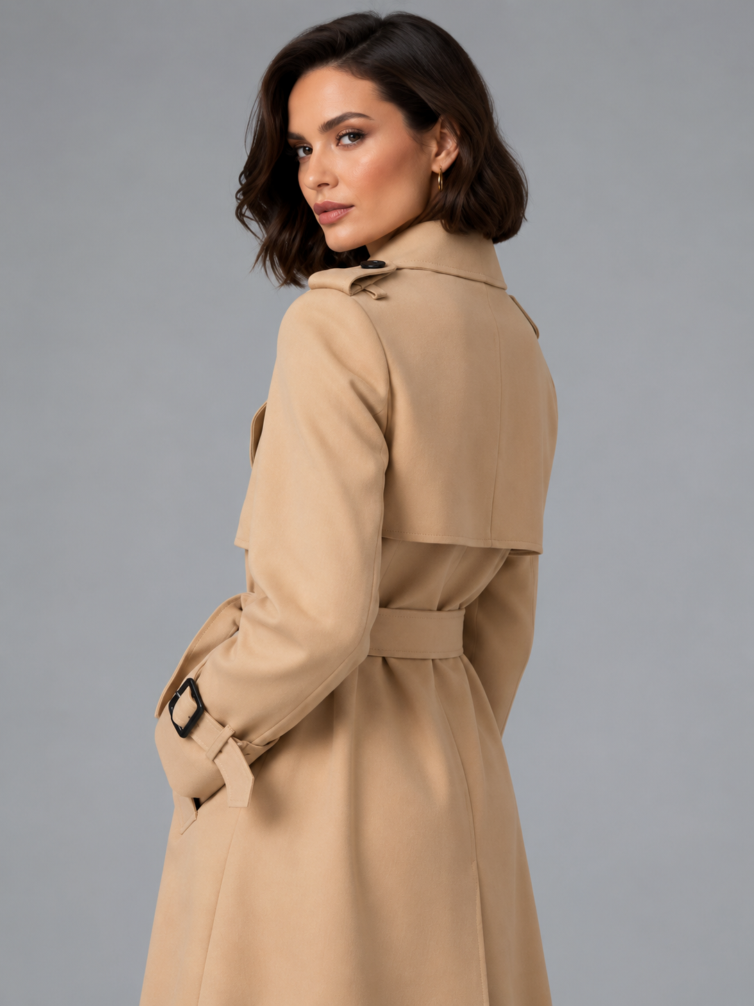 Freya | Women’s Double-Breasted Trench Coat | Waist Belt Cuff Straps Everyday Wear - beige, image 03 - Glorysoul