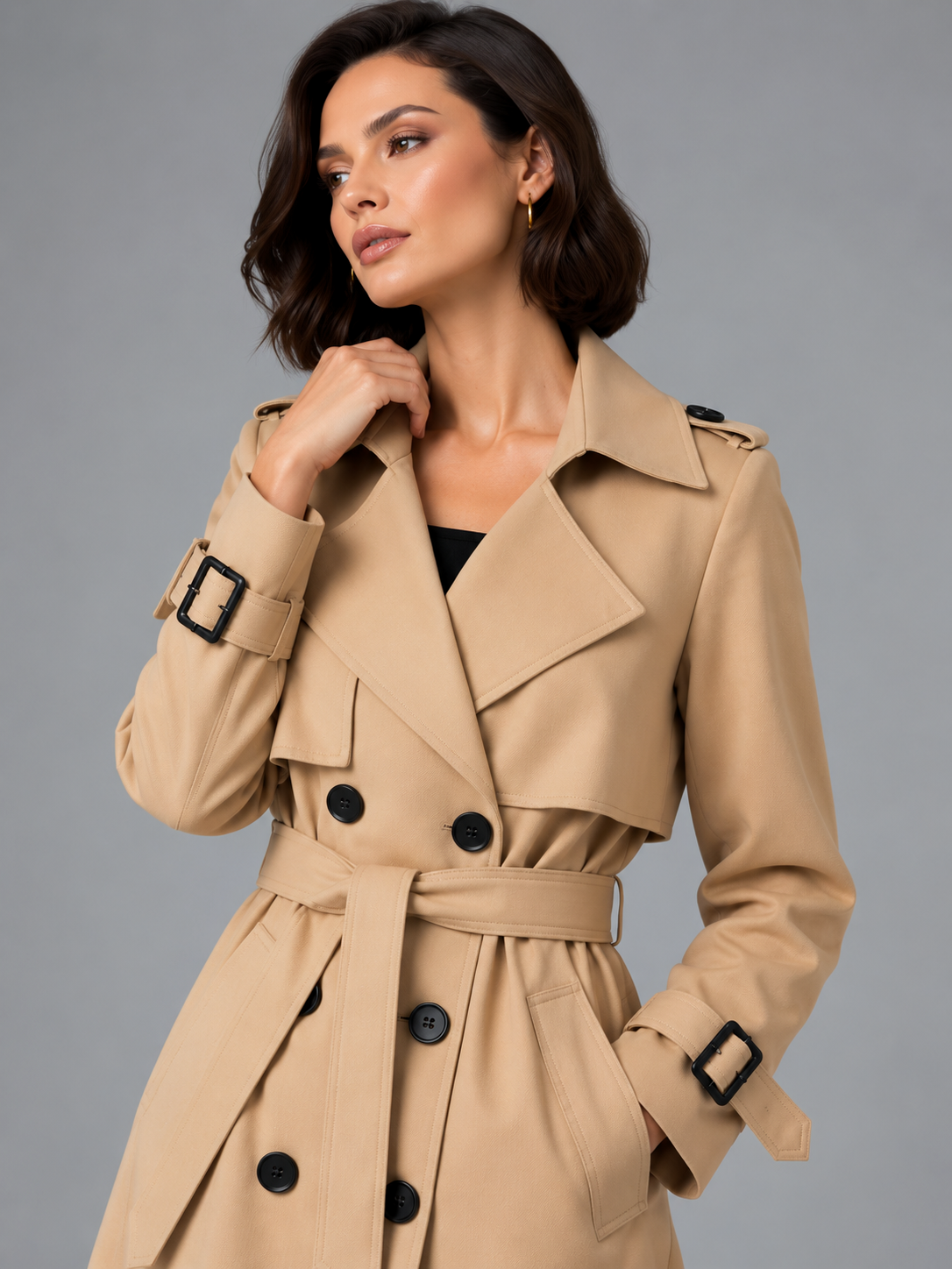 Freya | Women’s Double-Breasted Trench Coat | Waist Belt Cuff Straps Everyday Wear - beige, image 04 - Glorysoul