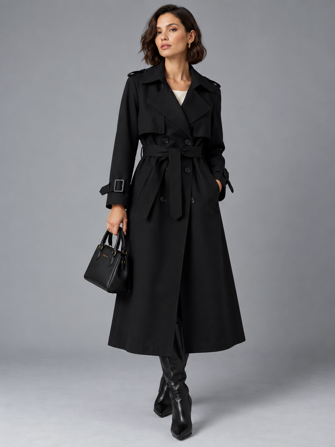 Freya | Women’s Double-Breasted Trench Coat | Waist Belt Cuff Straps Everyday Wear - black, image 09 - Glorysoul