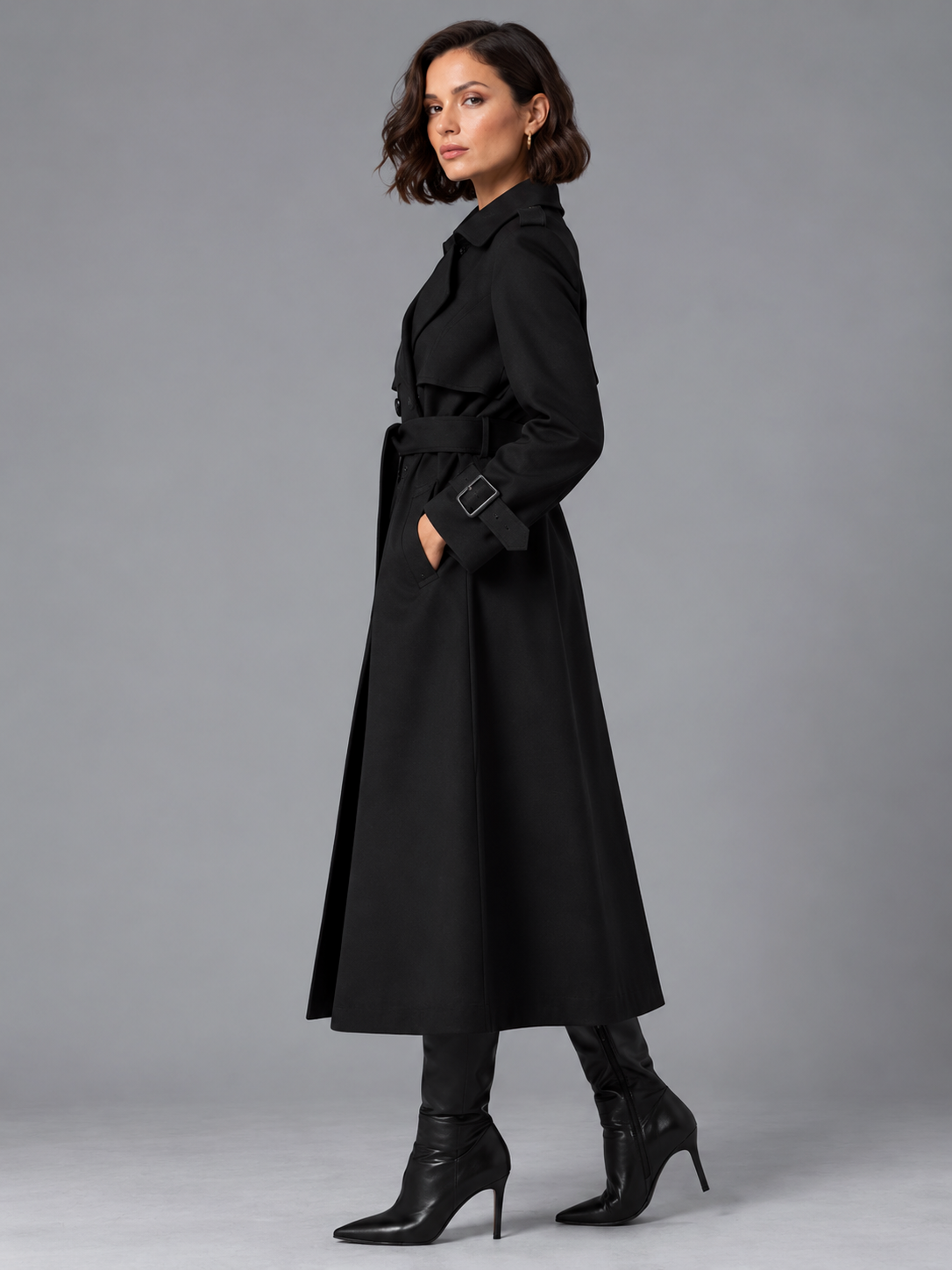 Freya | Women’s Double-Breasted Trench Coat | Waist Belt Cuff Straps Everyday Wear - black, image 10 - Glorysoul