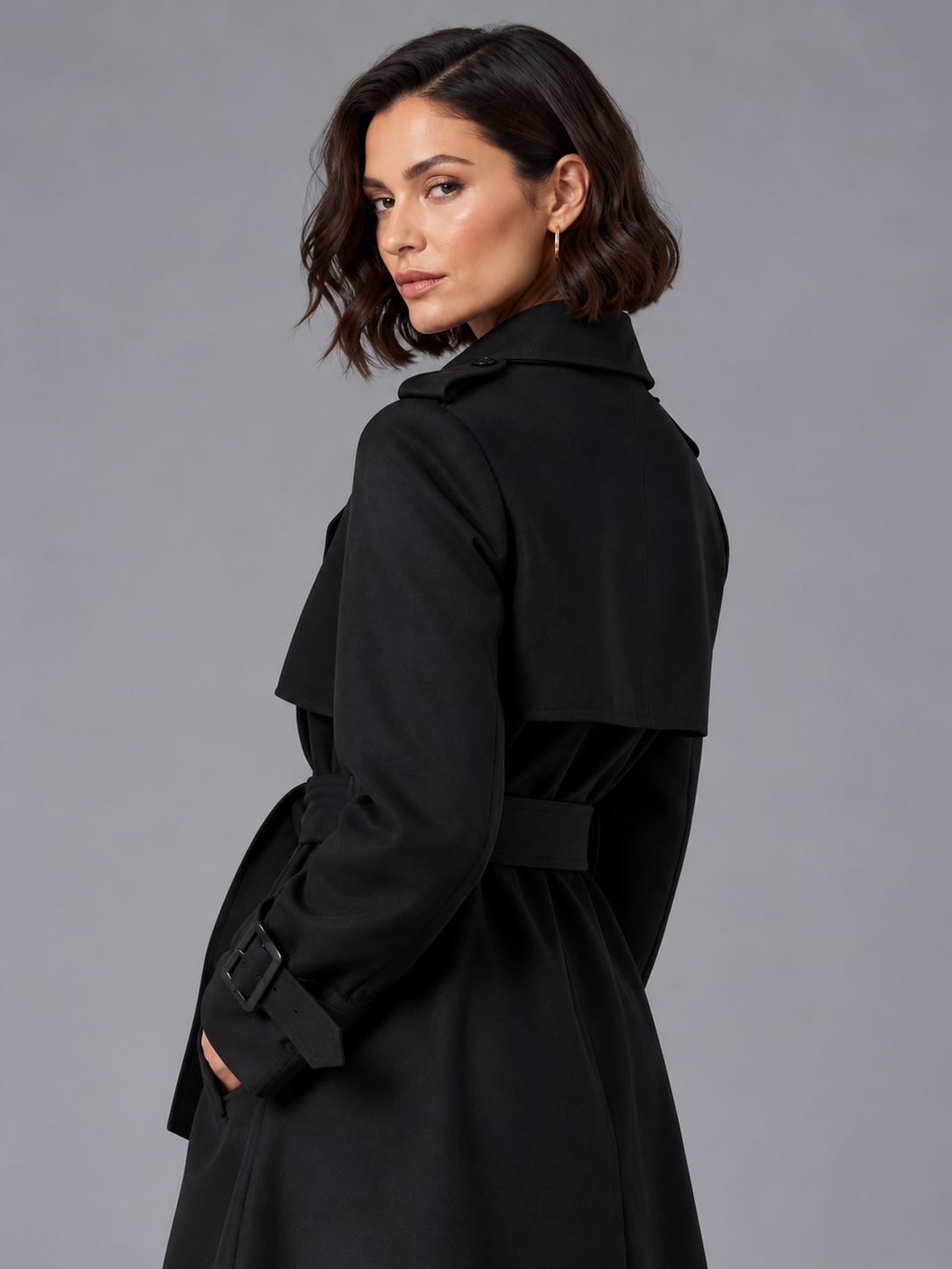 Freya | Women’s Double-Breasted Trench Coat | Waist Belt Cuff Straps Everyday Wear - black, image 11 - Glorysoul