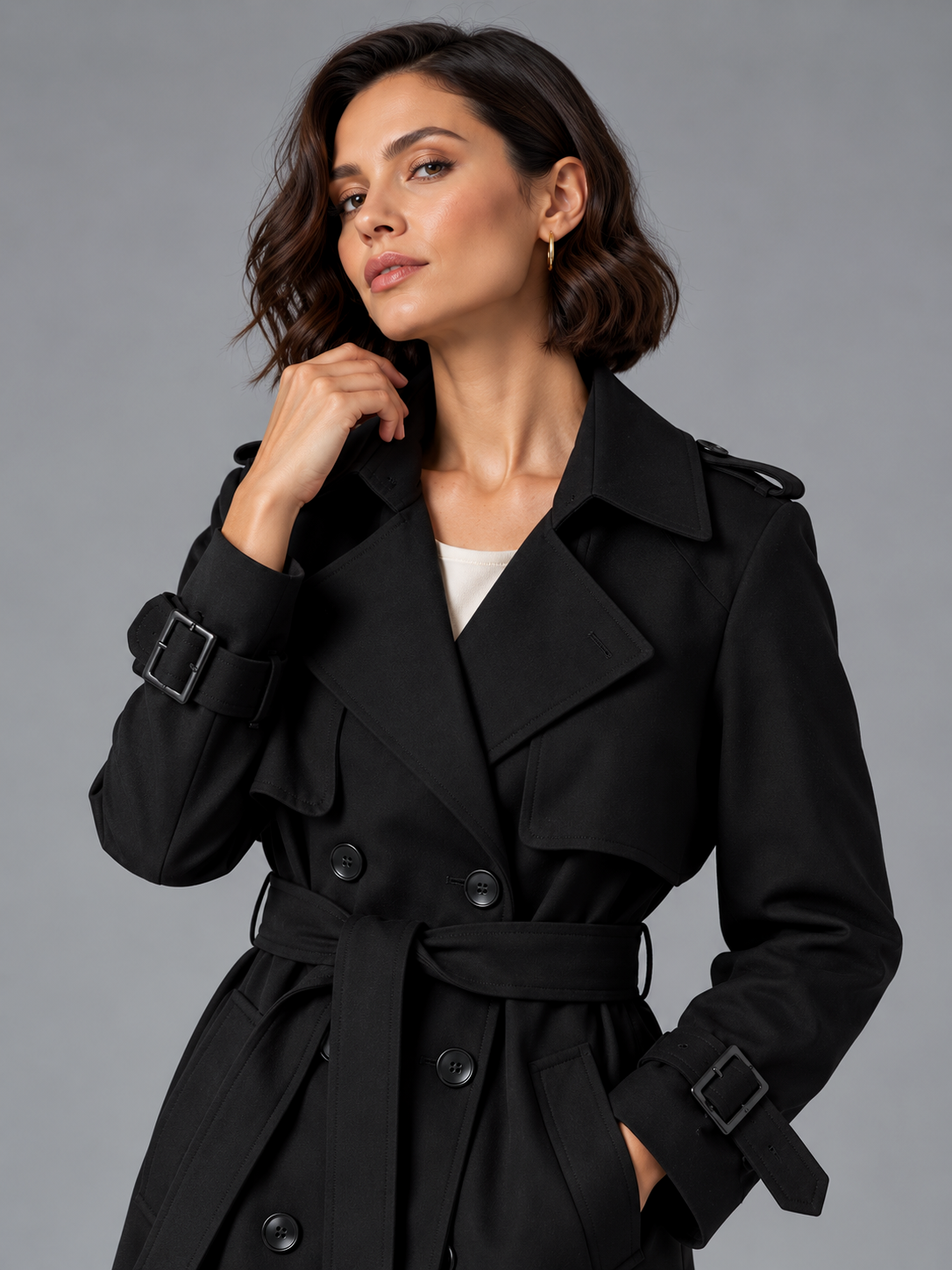 Freya | Women’s Double-Breasted Trench Coat | Waist Belt Cuff Straps Everyday Wear - black, image 12 - Glorysoul