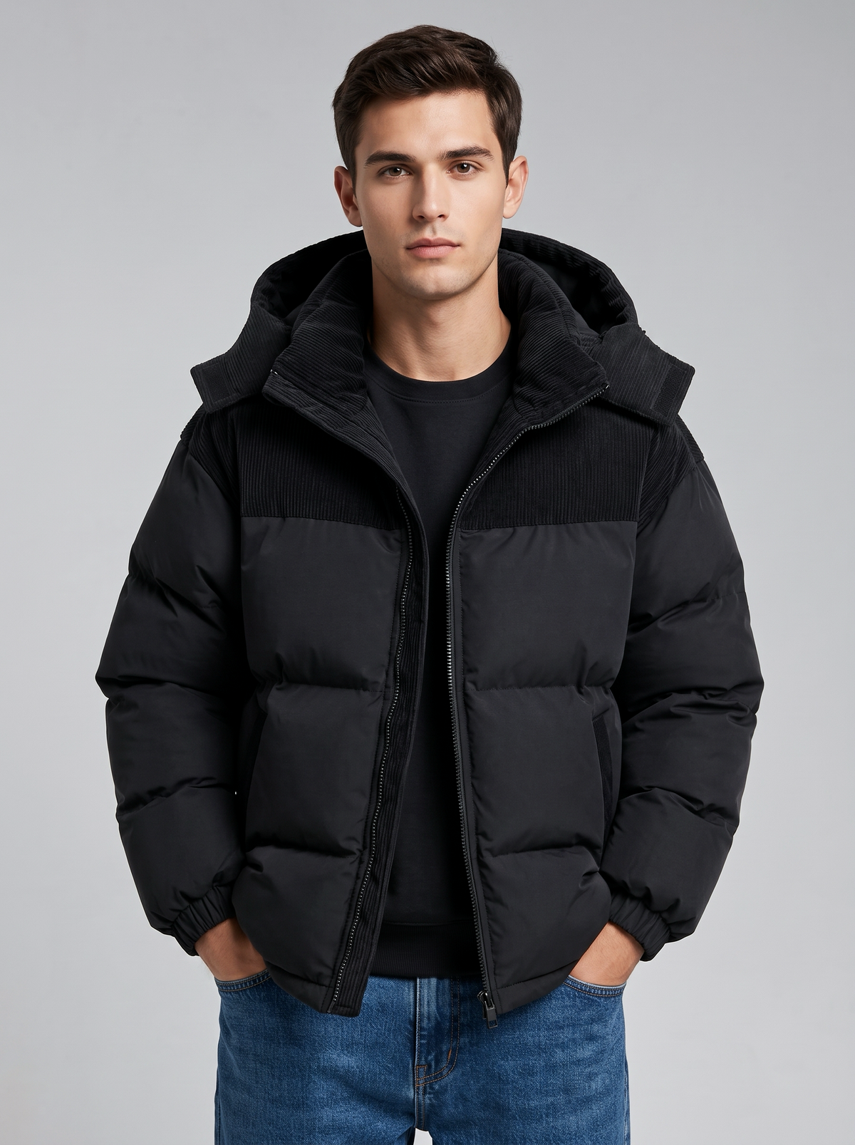 George | Men’s Hooded Puffer Jacket | Front Zip Contrast Shoulder Panels Everyday Wear - black, front view, image 01 - Glorysoul